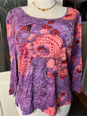 Jane Ashley 3X Purple Butterfly Floral Rhinestone Top Plus Size Y2K Fairy, Twee